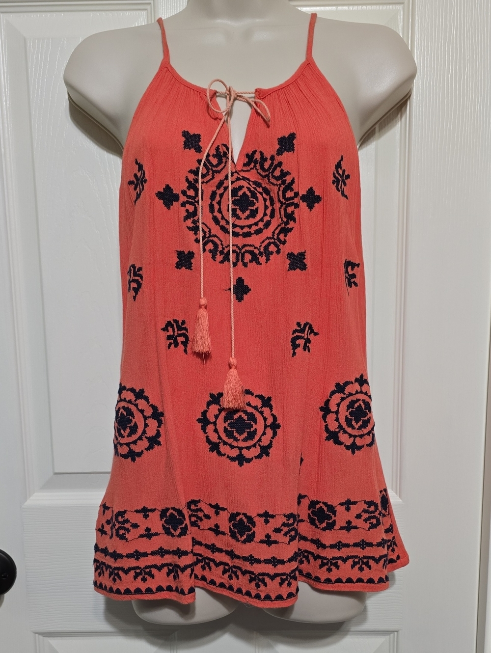 Orange With  Navy Blue Embroidered Tassel Tank Top